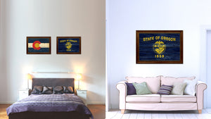 Oregon State Flag Texture Canvas Print with Brown Picture Frame Gifts Home Decor Wall Art Collectible Decoration