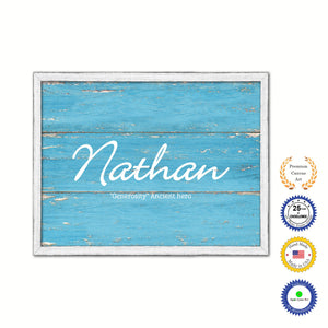 Nathan Name Plate White Wash Wood Frame Canvas Print Boutique Cottage Decor Shabby Chic