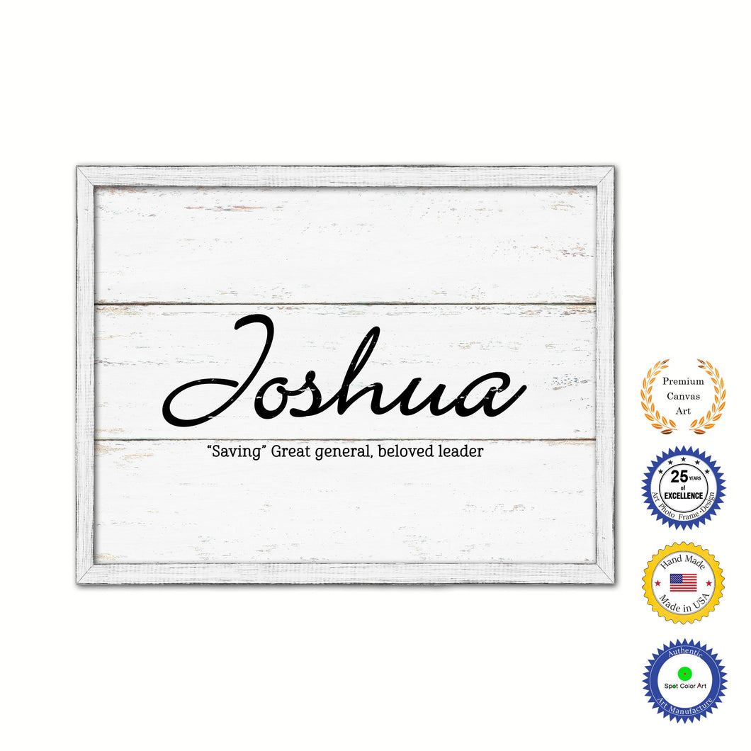 Joshua Name Plate White Wash Wood Frame Canvas Print Boutique Cottage Decor Shabby Chic