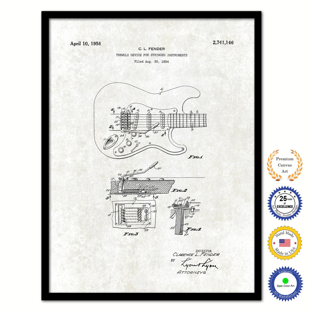 1956 Fender Guitar Tremolo Device for Stringed Instruments Old Patent Art Print on Canvas Custom Framed Vintage Home Decor Wall Decoration Great for Gifts
