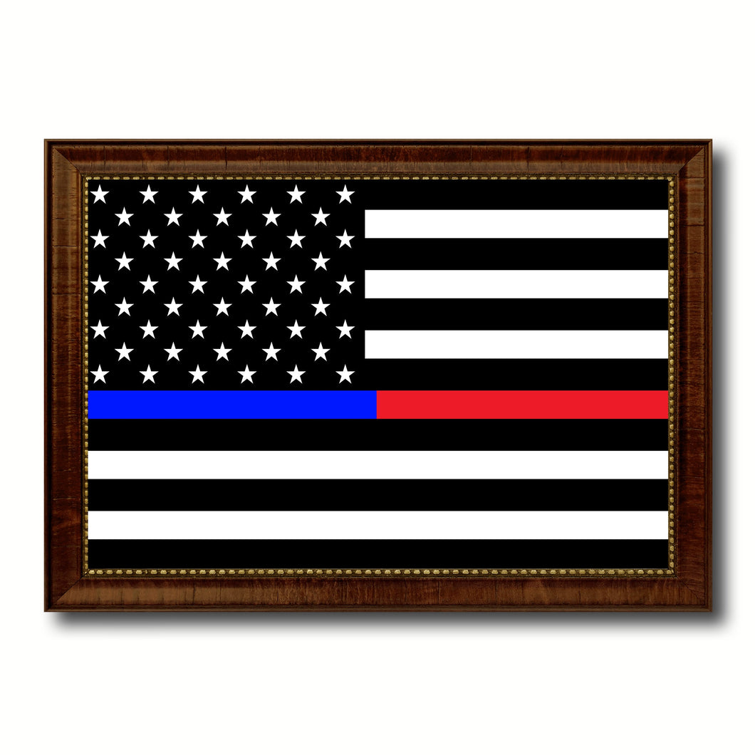 Thin Blue Line Police & Thin Red Line Firefighter Respect & Honor Law Enforcement First Responder American USA Flag Canvas Print with Picture Frame Home Decor Wall Art