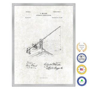 1887 Fishing Automatic Fishing Device Antique Patent Artwork Silver Framed Canvas Print Home Office Decor Great for Fisherman Cabin Lake House