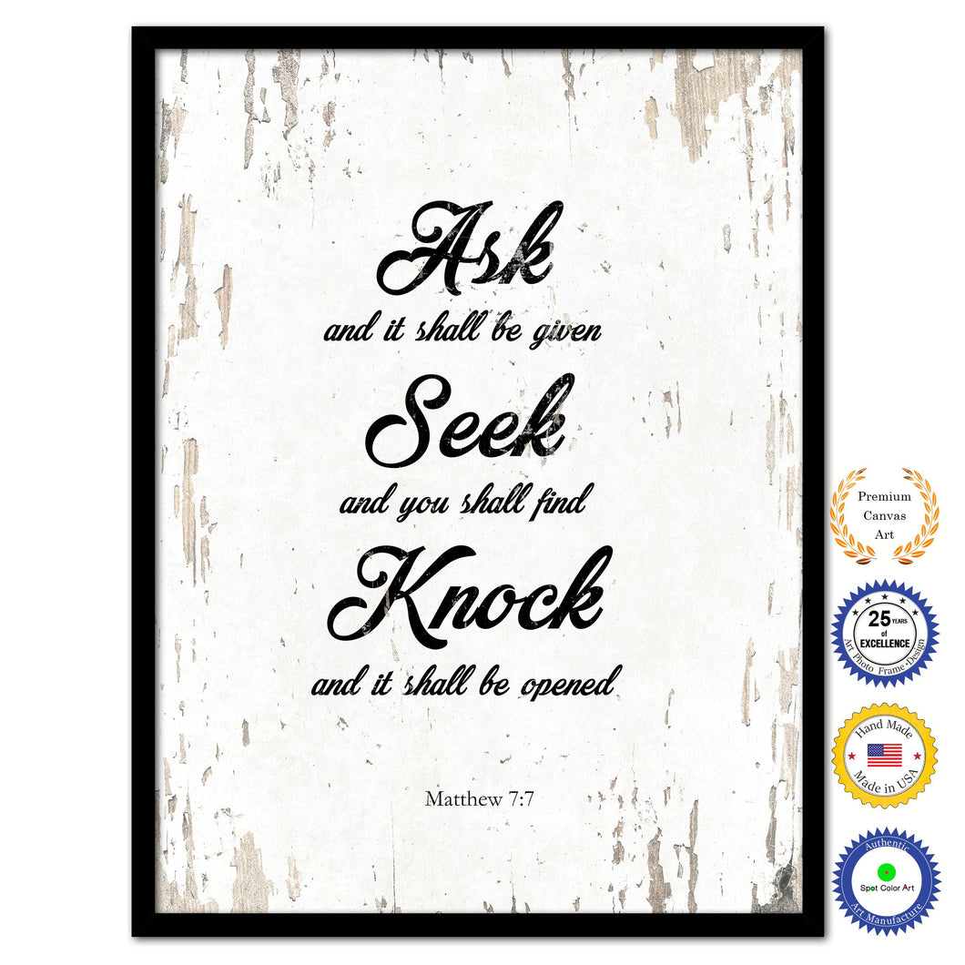 Seek and You Shall Find - Matthew 7:7 Bible Verse Scripture Quote White Canvas Print with Picture Frame