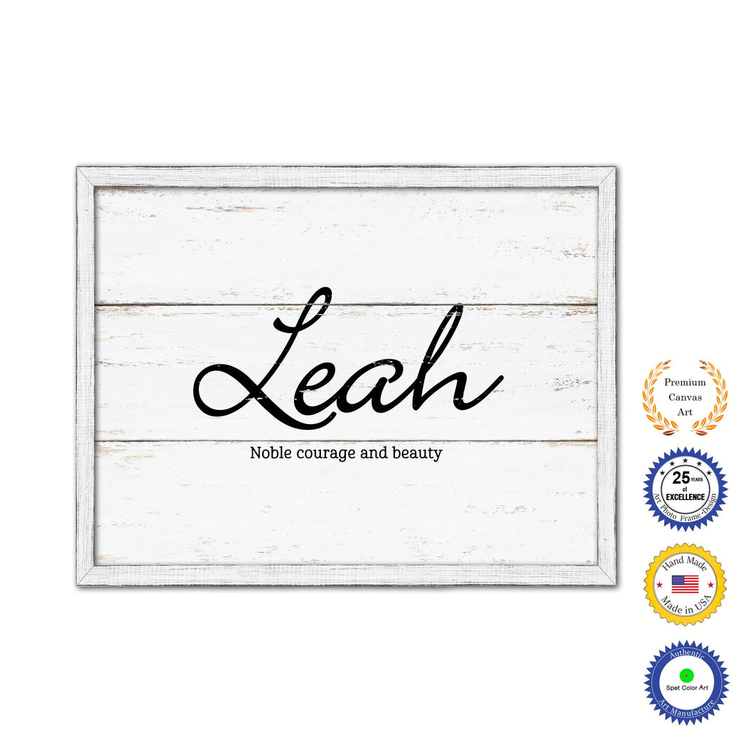 Leah Name Plate White Wash Wood Frame Canvas Print Boutique Cottage Decor Shabby Chic