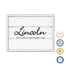 Load image into Gallery viewer, Lincoln Name Plate White Wash Wood Frame Canvas Print Boutique Cottage Decor Shabby Chic
