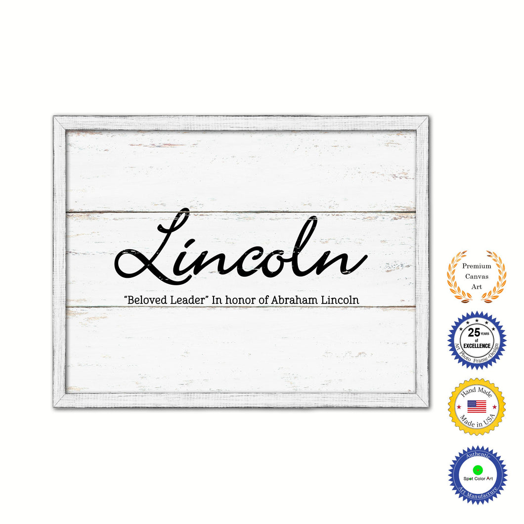 Lincoln Name Plate White Wash Wood Frame Canvas Print Boutique Cottage Decor Shabby Chic